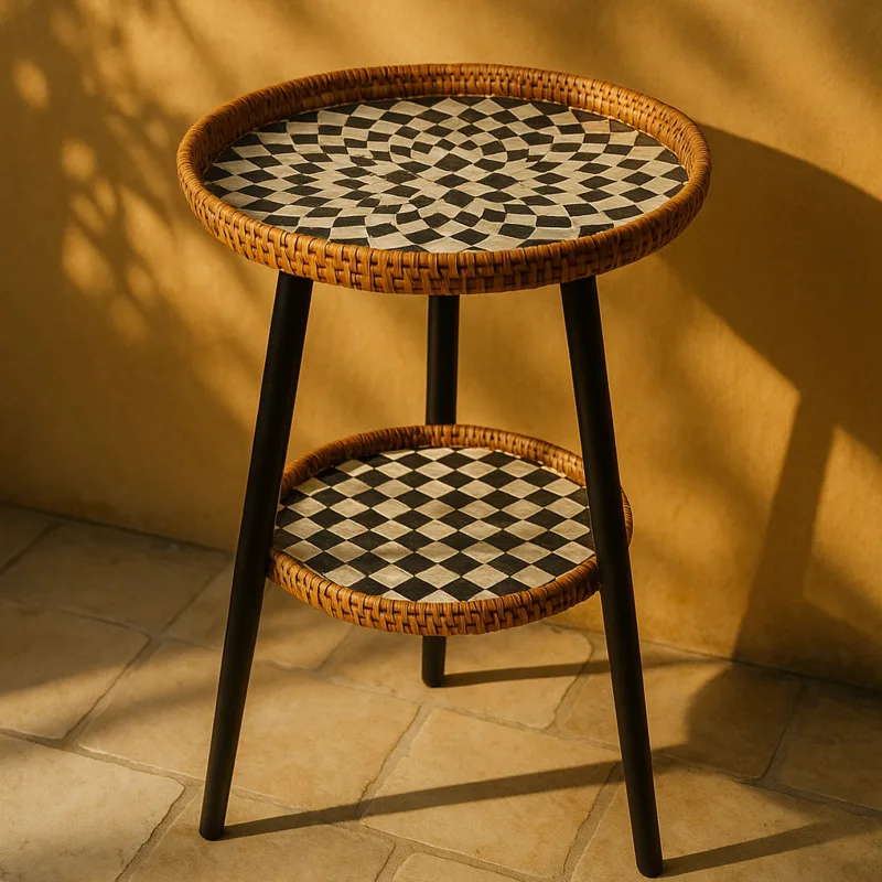 Double-Layer Rattan Coffee Table with Wood Legs, Artistic Mosaic Top, Rustic Boho Decor Table for Indoors and Outdoors