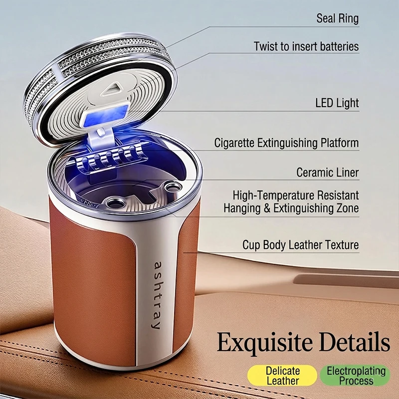 Car Ashtray with Leather Surface and Ceramic Inner Liner, Luxury Sealed Design to Prevent Odor and Ash Dispersion view 4
