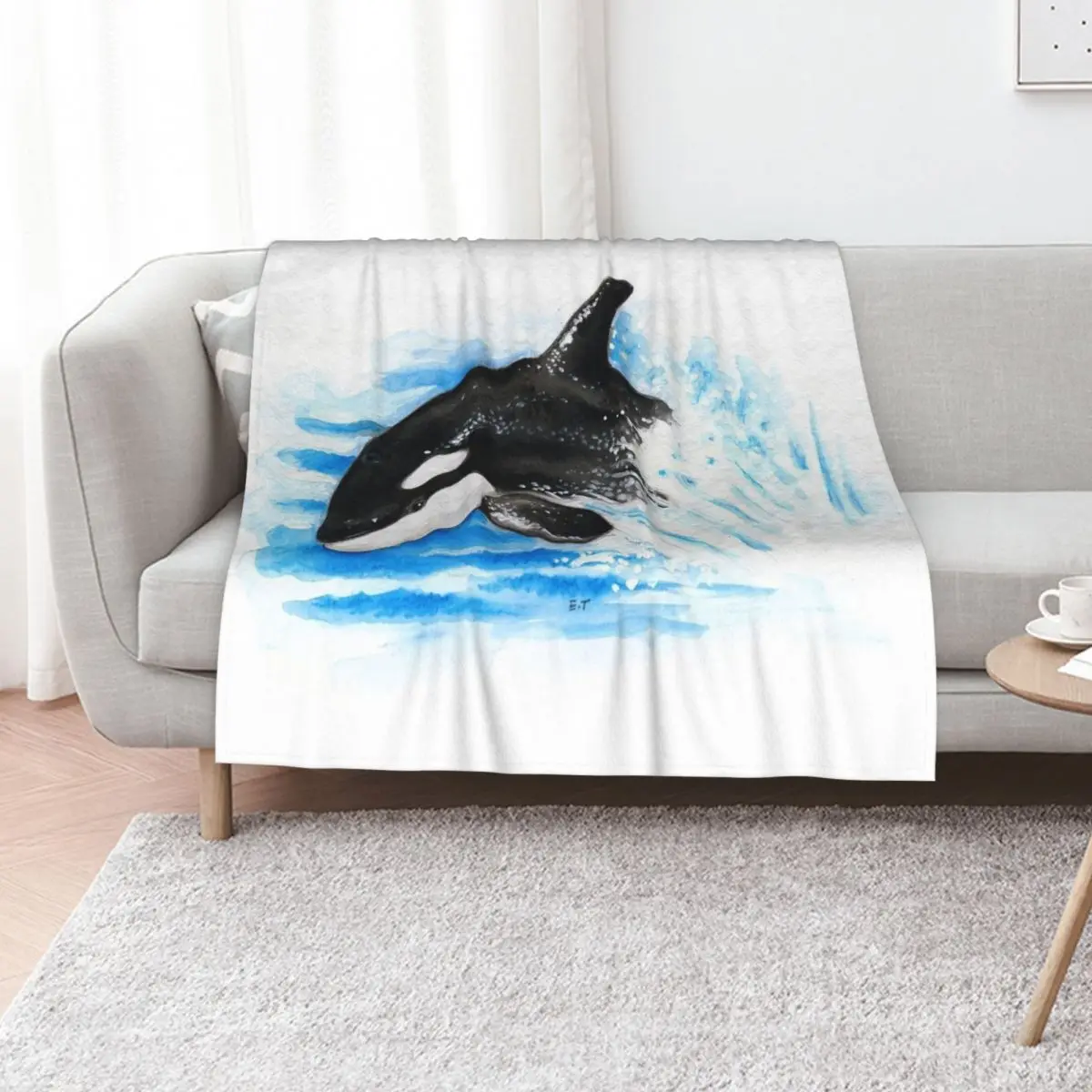 

Baby Orca Breaching Waves Watercolor Art Throw Blanket Hairy Decoratives Shaggy christmas decoration Blankets