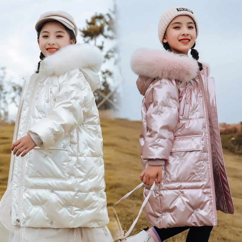 

UNITIM 2025 Winter Down Jacket For Girl No-rinse Shiny Embroidery Long Teen Girl Jacket 5-12 Years Kid Fur Hood Junior Outerwear