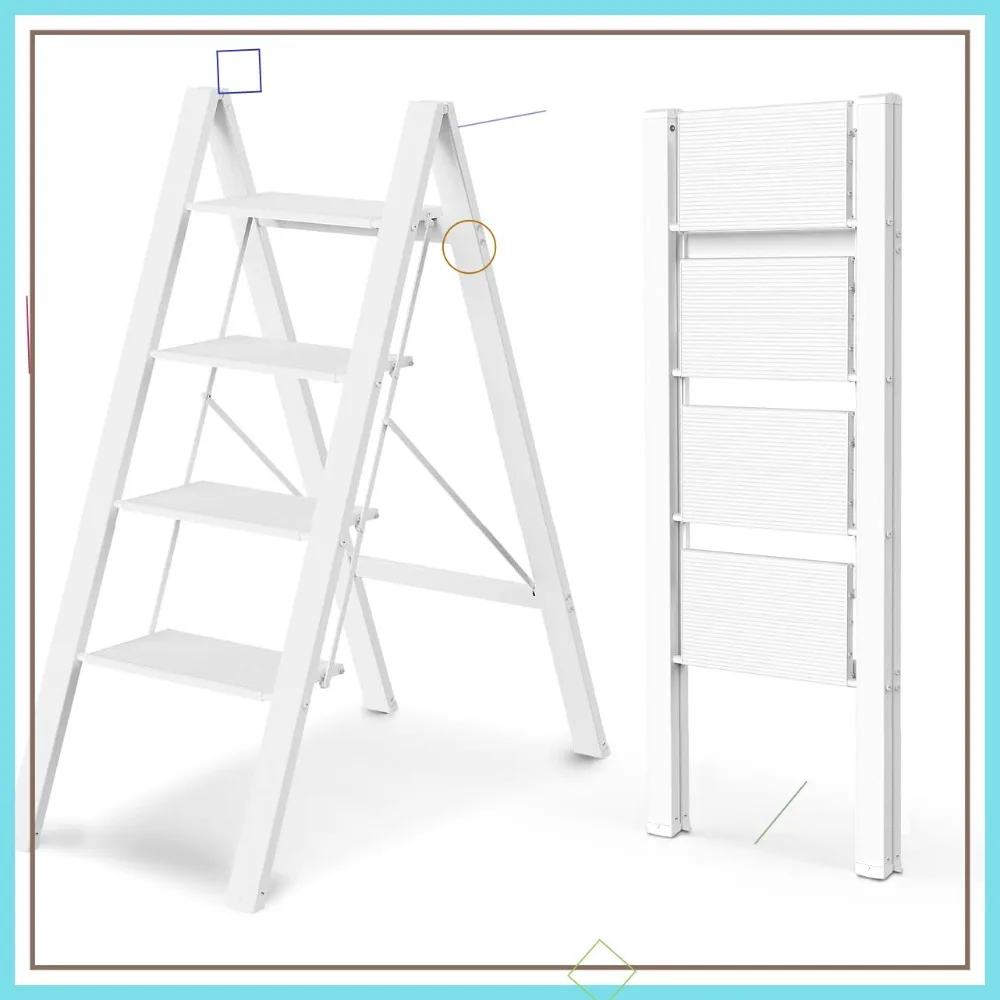 

4 Step Ladder, Foldable Step Stool, Lightweight Aluminum, Anti-Slip Pedals, Easy Fold, Portable, 300lbs Capacity - White