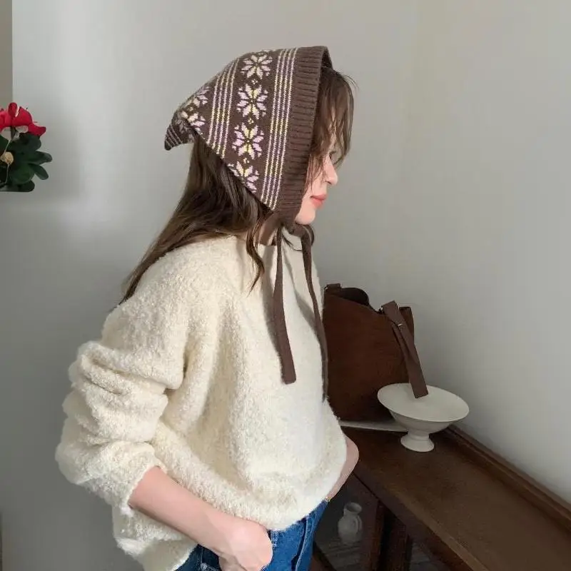 Eleganter Bohemian-Turban, gestricktes Dreieckstuch, warmes bedrucktes Ethno-Stil-Taillenband, Schal, Vintage-Schürze, Streetwear – Detail 5