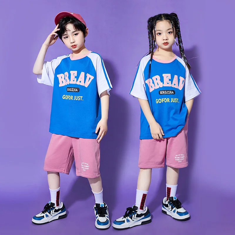 Girls Boys Clothes Summer Crewneck Letter Print Patchwork T-shirt Pullover Elastic Waist Shorts 2pcs Dance Costume Kids Kip-kop