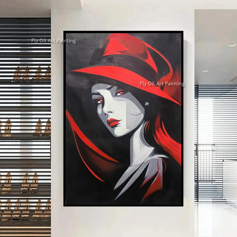Red Black White Elegance Women Portrait Oil Painting On Canvas New Special Beautiful Girl Sit By The Sea Handmade Wall Art Decor