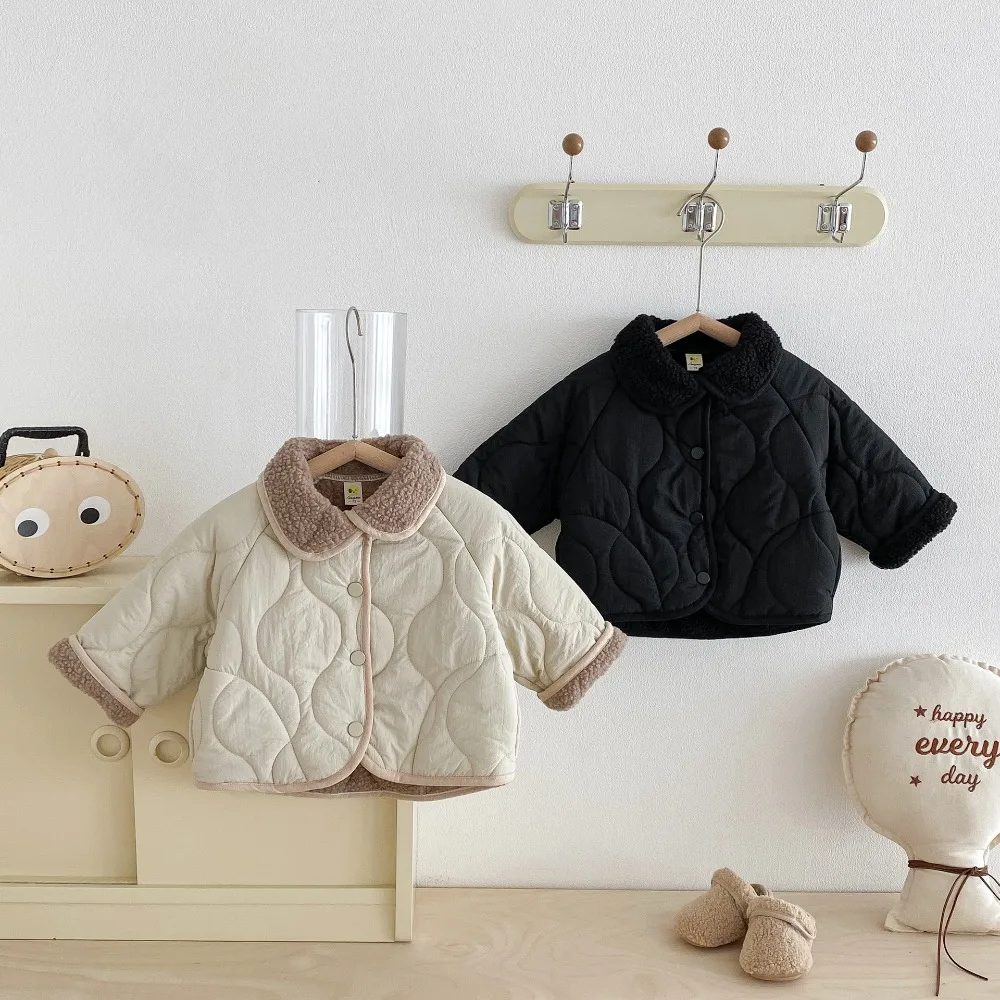 

Autumn and Winter Solid Color Kids Parkas Long Sleeved Lapel Single Breasted Girls' Coat Beige Black Simple Children's Clothing
