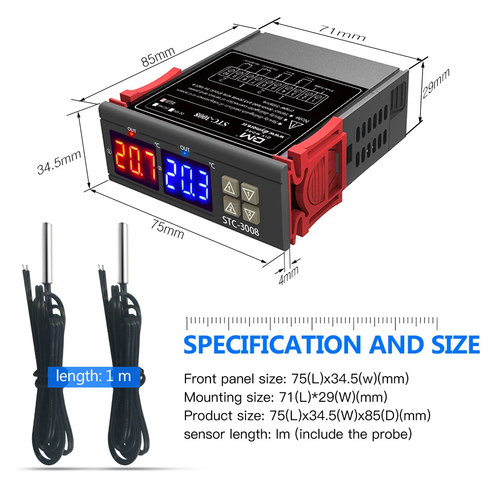 Imagem -05 - Dupla Digital Controlador de Temperatura Dois Relé Saída dc 12v 24v ac 220v Termorregulador Termostato com Aquecedor Térmico Stc3008