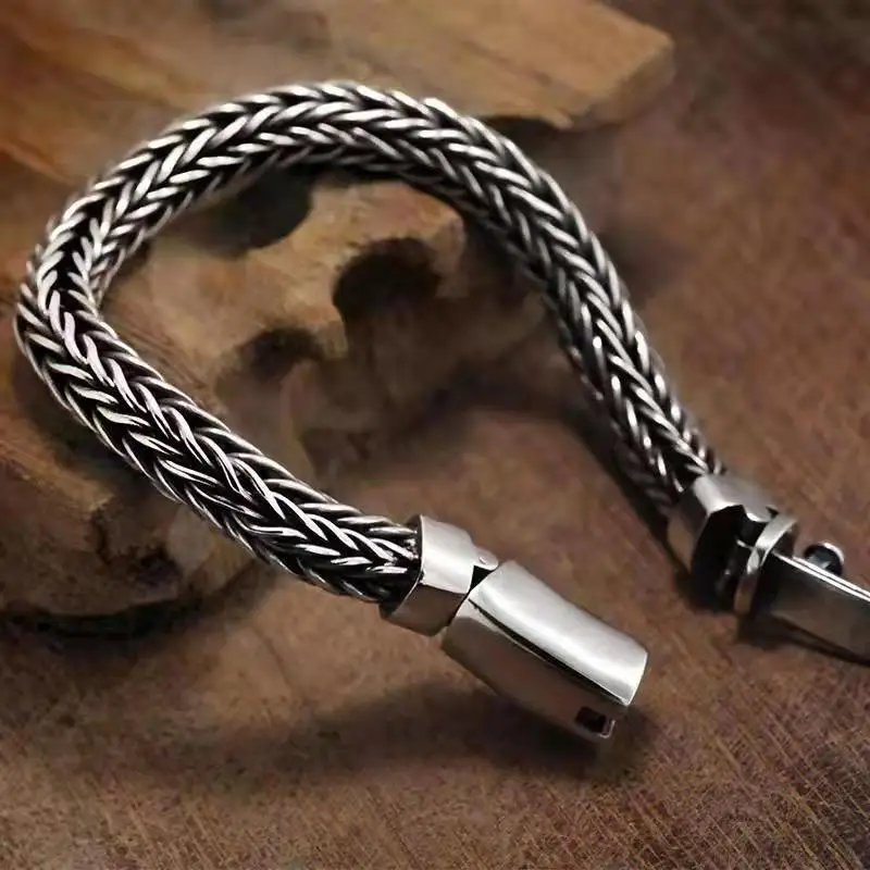 S925 Sterling silver vintage pure hand-woven twist thick keel men's and women's bracelet personality jewelry