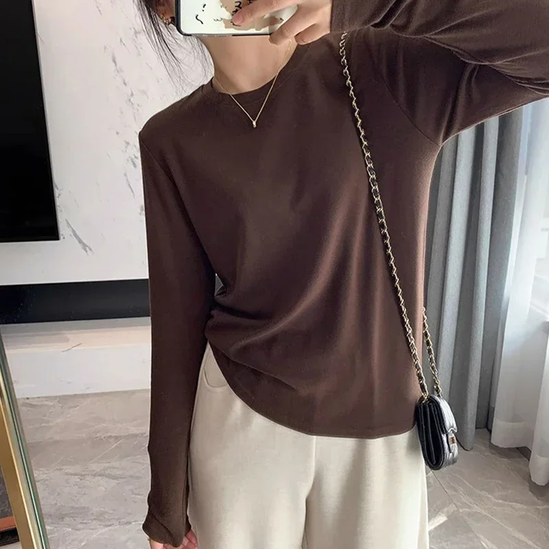 AOSSVIAO Herbst-Winter Slim Fit Schulter-Langarm-T-Shirt für Damen, trendiges Basic-T-Shirt mit Rundhalsausschnitt, superweich, vielseitiges, schlankmachendes Oberteil – Detail 4