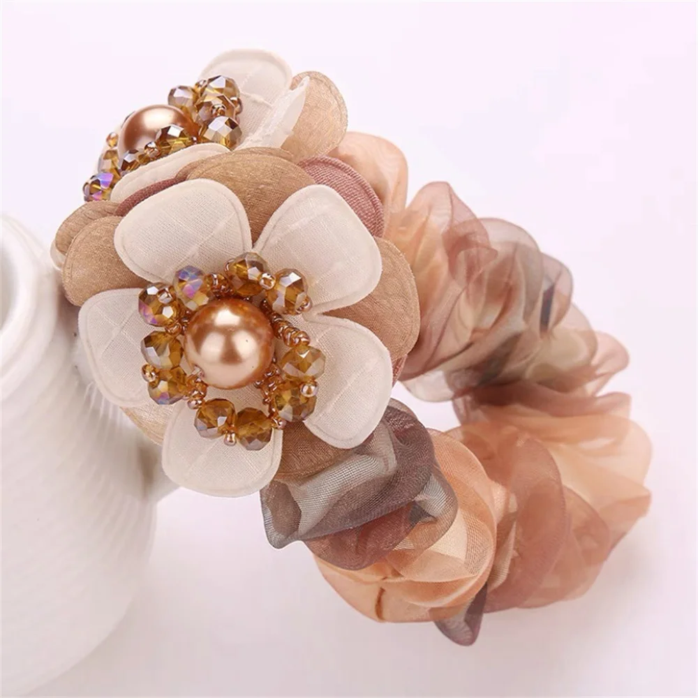 Hermosas cuerdas para el cabello para Gril Bling Pearl Flower Scrunchie, corbatas para el cabello de Organza transparentes, soporte elástico para