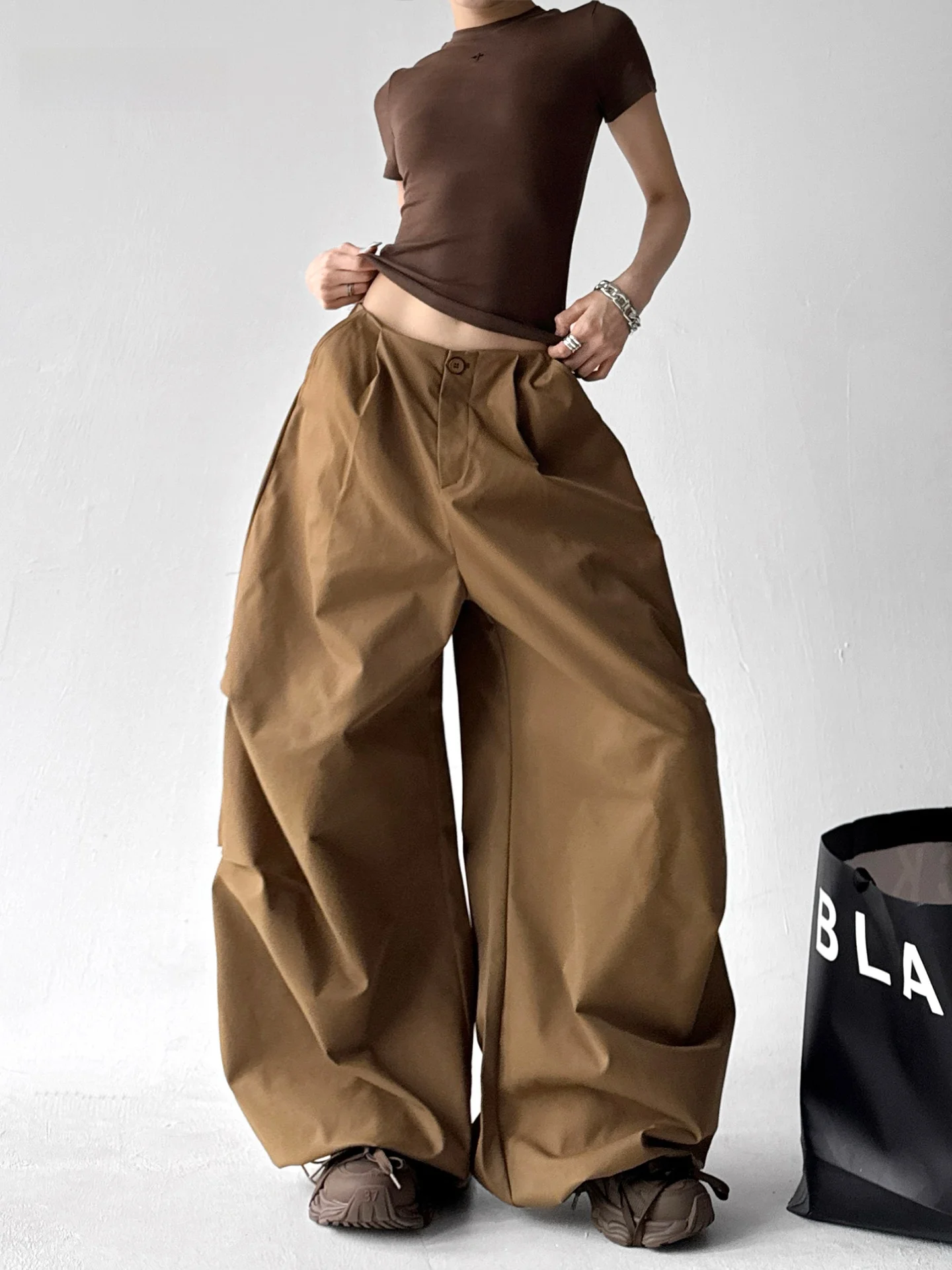 

Женские брюки с высокой талией и широкими штанинами, весна-осень, новинка, американский ретро-стиль, плиссированный дизайн, универсальные, свободные, для улицы и повседневной носки