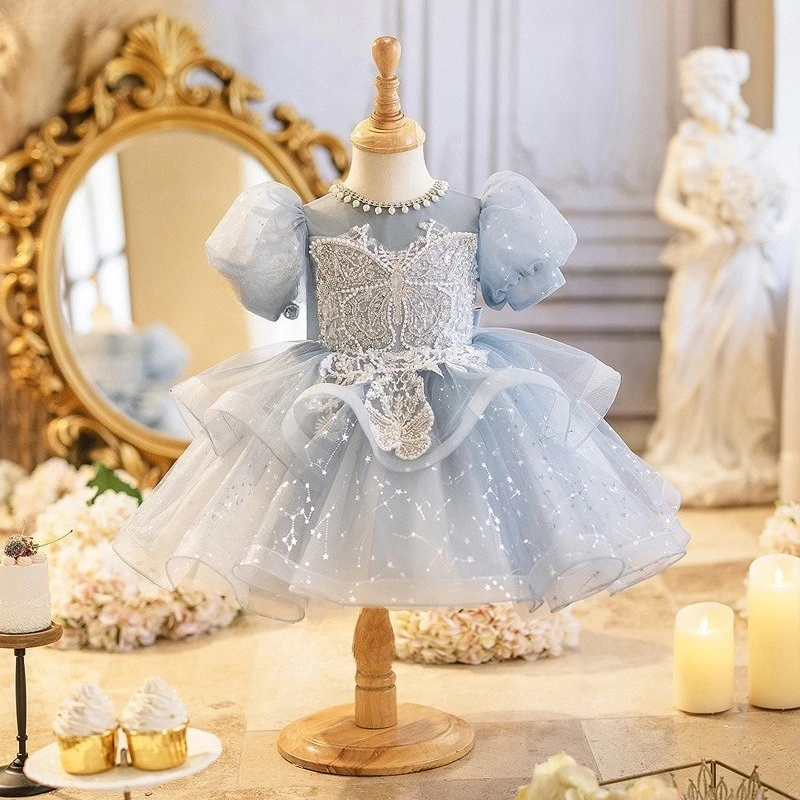 Baby Girls Birthday Princess Ball Gown Puffy Tulle Dress for First Birthday Flower Girl Wedding Host Performance Pageant Clothes