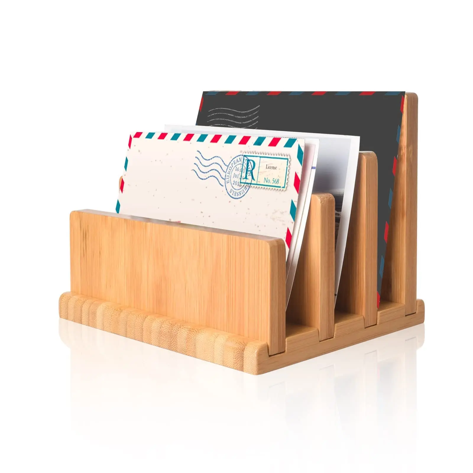 wishacc Bamboo Mail Organizer with Rubber Feets Vertical Desk Letter Envelope File Paper Folder Bill Holder for Office Home