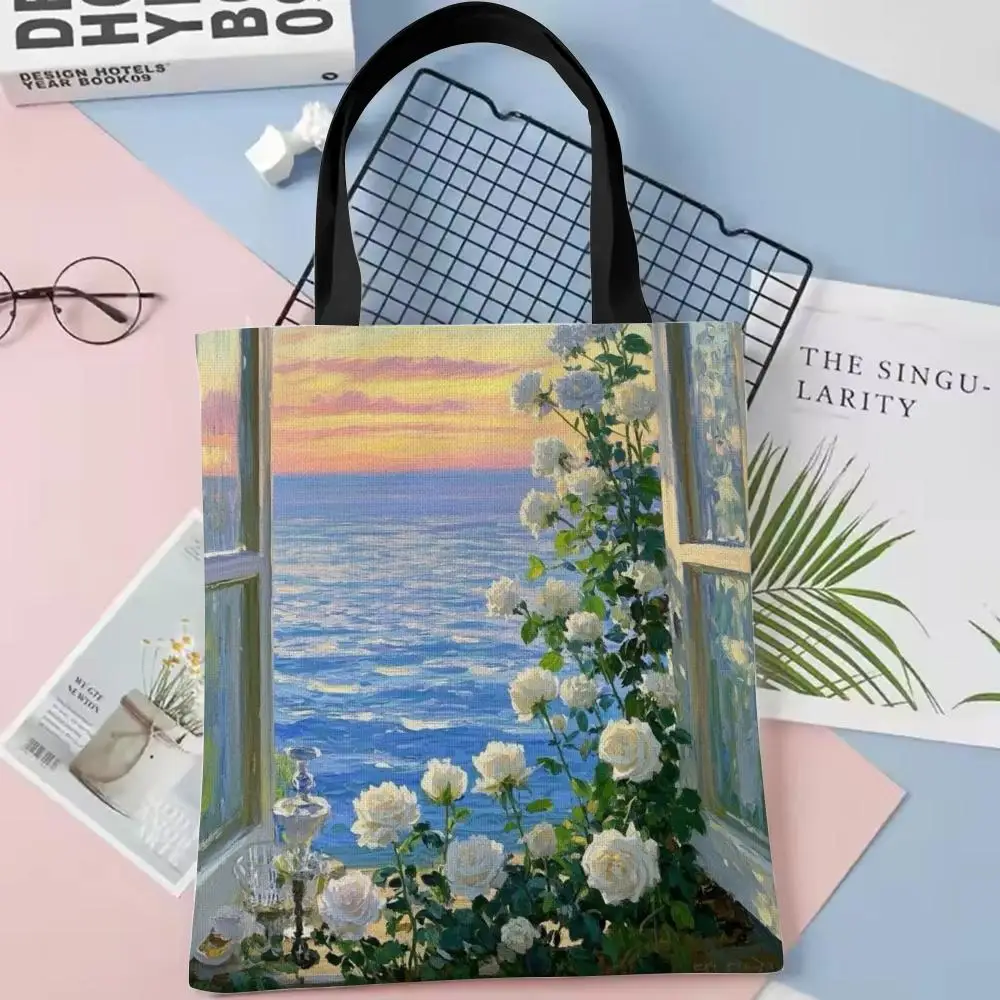 Aufbewahrungstaschen im Landschaftsmalerei-Stil, Canvas-Einkaufstasche, doppelseitiger Druck, modische Schulter-Einkaufstasche, Geschenk-Handtaschen