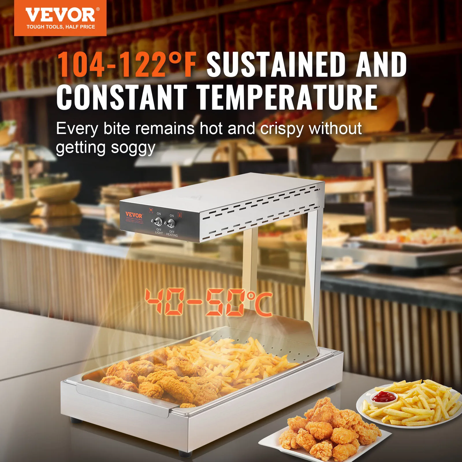 VEVOR French Fry Food Warmer 750/1000W Commercial Food Heating Lamp Countertop 104-122°F for Chip Buffet Kitchen Restaurant