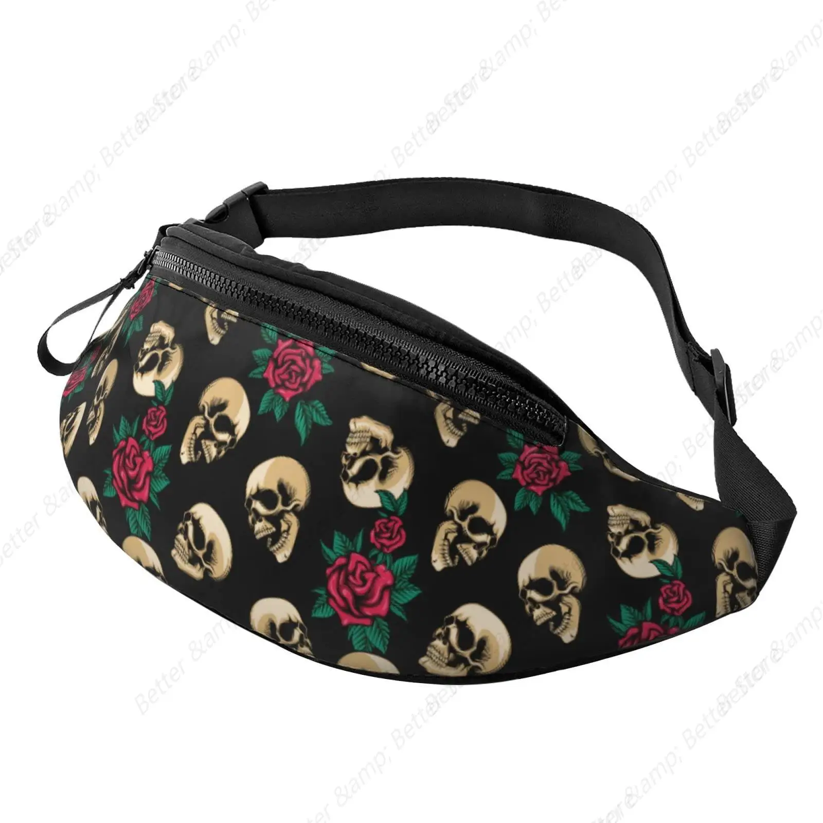 Floral Sugar Skull Waist Bag with Headphone Hole Belt Bag Adjustable Sling Pocket Fashion Hip Bum Bag for Women Men