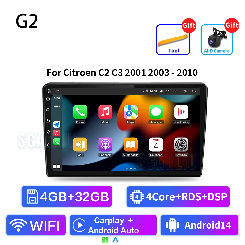 SISCL Android Auto Carplay Voor Citroen C2 C3 2001 2003-2010 Autoradio Multimedia Video Player WiFi GPS Navigatie DSP Stereo