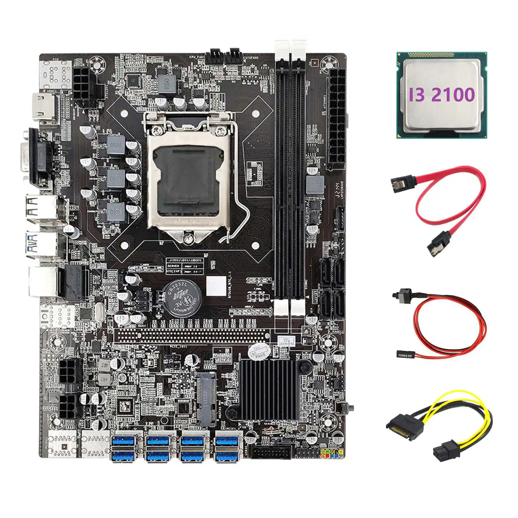 

B75 ETH Miner Motherboard 8XPCIE to USB+I3 2100 CPU+SATA 15Pin to 6Pin Cable+SATA Cable+Switch Cable LGA1155 Motherboard