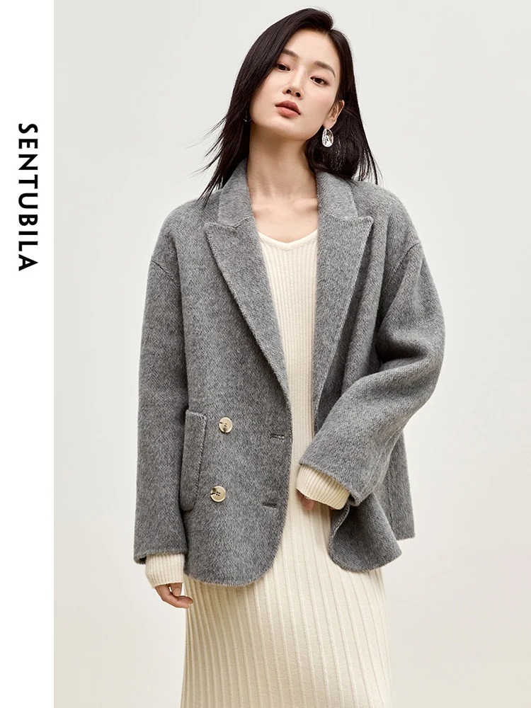 SENTUBILA Gray Woolen Coats for Elegant Women 2026 Winter Fashion Office Lady Double Breasted Pockets Oversized JacketsW44O56003