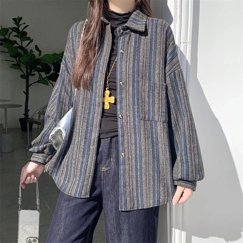 韓国風シングルブレストターンダウンカラーカジュアルトップス秋冬レトロルーズ長袖シャツ厚手ストライプ女性ブラウス