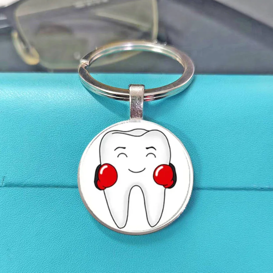 New Popular White Background Visual Dental Care Glass Keychain Cute Oral Care Pattern Unisex Car Bag Charm Gift