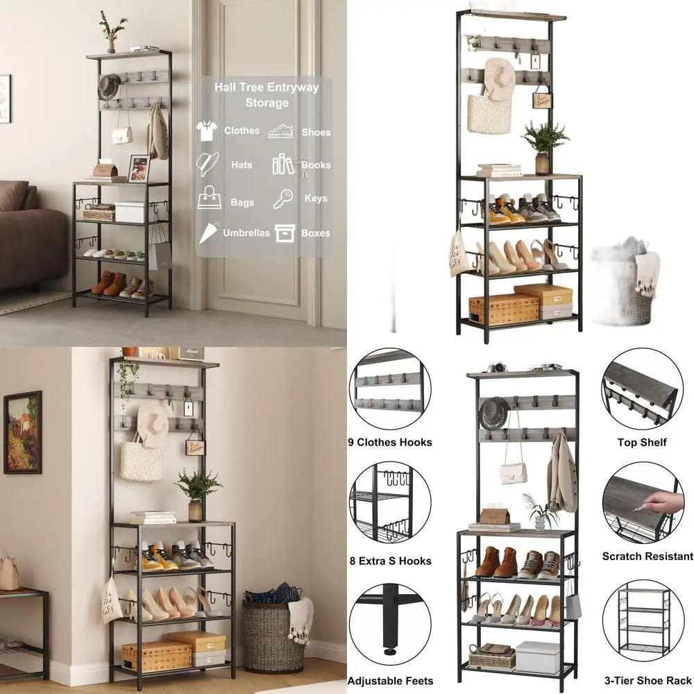 

5-Tier Shoe and Coat Rack with 9 Hooks, Freestanding Organizer for Entryway, Bedroom, Grey