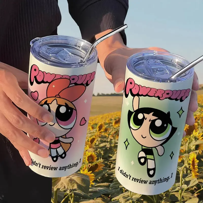 Powerpuff Girls Cartoon Kawaii Thermos Cup con paglia Handy Cup Coffee Cup ins High-look portatile in acciaio inossidabile da donna