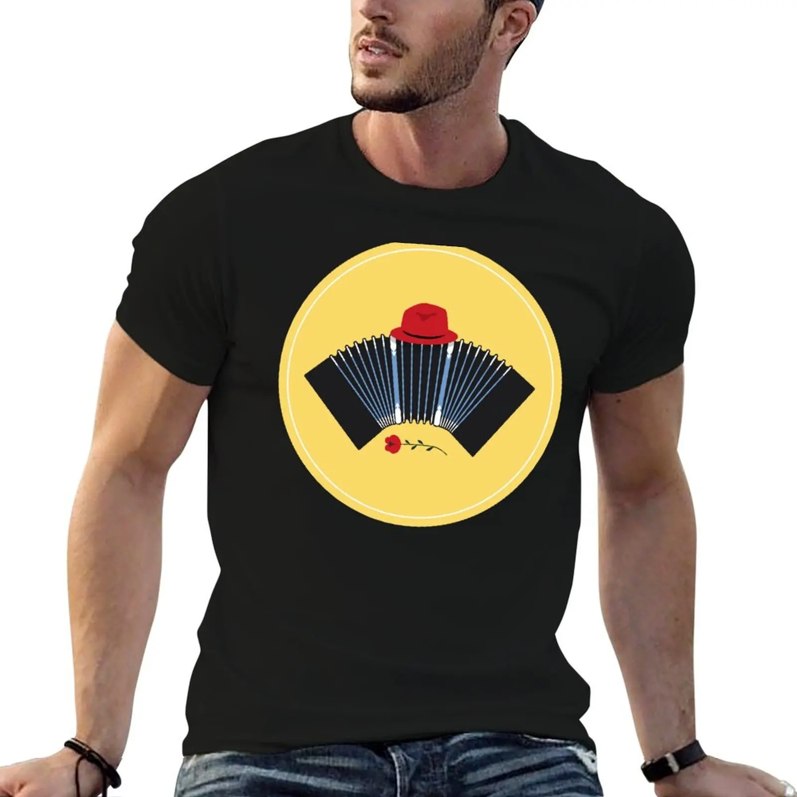 Camiseta con estampado de Tango Argentino, Bandoneon, Fedora y Rose Art, camisetas estampadas para hombre, camisetas para hombre