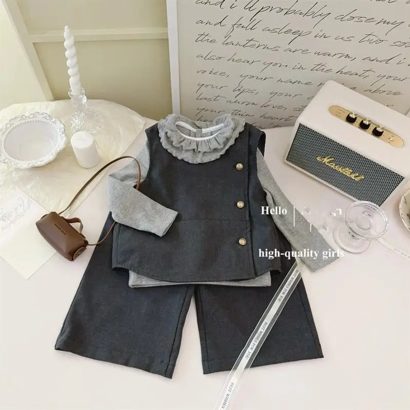 

Autumn Spring Girls Lapel TShirt+Vest+Loose Pants 3Pcs Set Kids Princess Childrens Outfits Gray uniform Flashion Suits Clothes