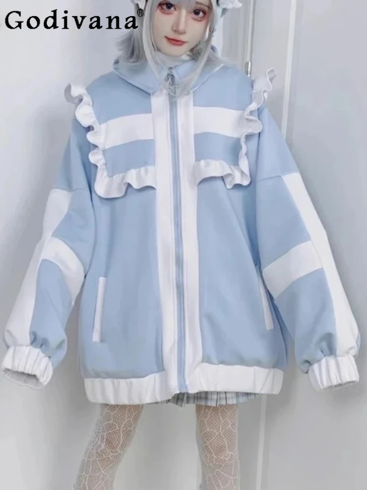 اليابانية الحلو الوقوف طوق طويلة الأكمام الحد من العمر سترة سترة فتاة الخريف الشتاء الكشكشة فضفاضة موضة جاكيت زيبرا #1