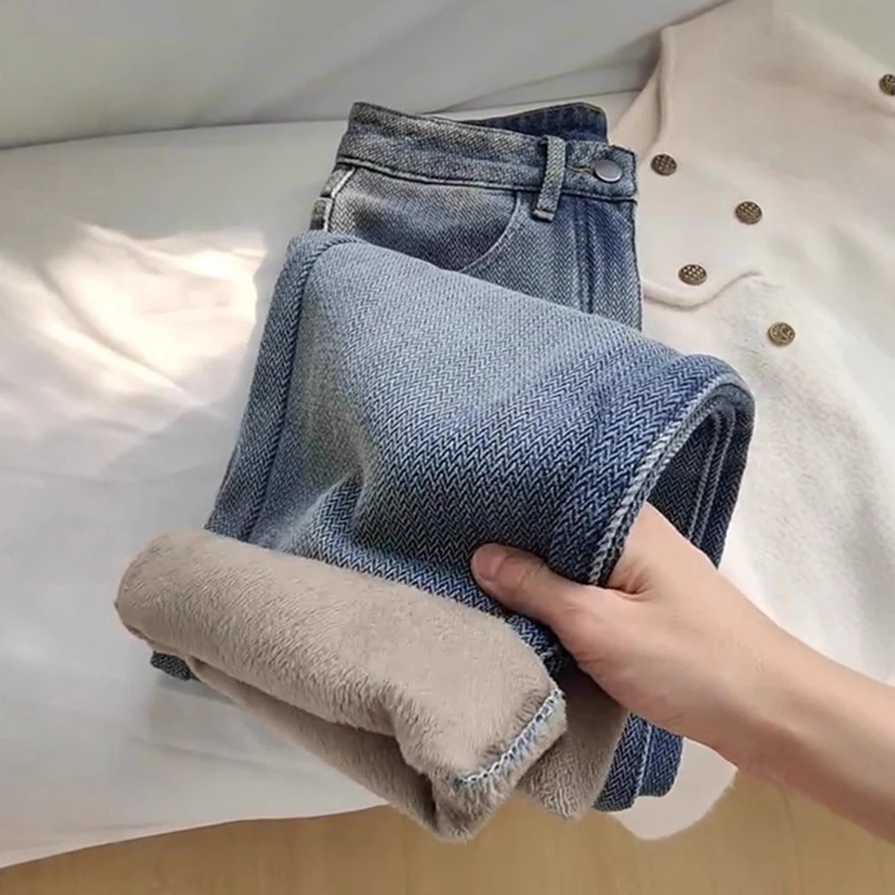 Autumn Winter Thicken Fleece Jeans Women Fashion High Waist Straight Leg Warm Thick Denim Pants Long Solid Commute S-XL Trousers