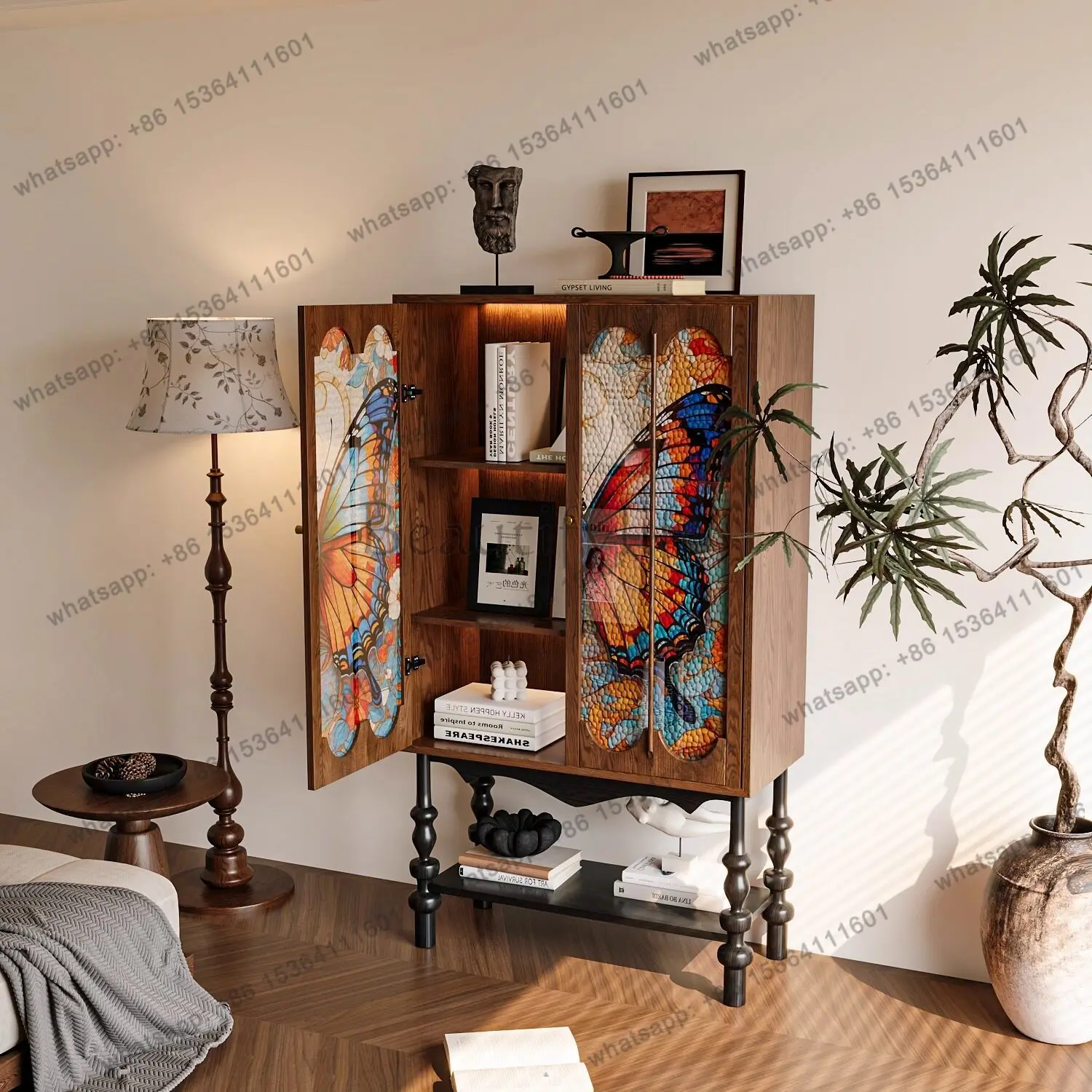 Medieval solid wood high-footed bookcase living room against the wall multi-functional storage cabinet