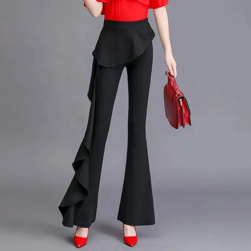 Lotus-Flounced Fishtail Bell-Bottoms Spring And Autumn 2023 New High Waist Elastic Irregular Temperament Women Wide-Leg Pants