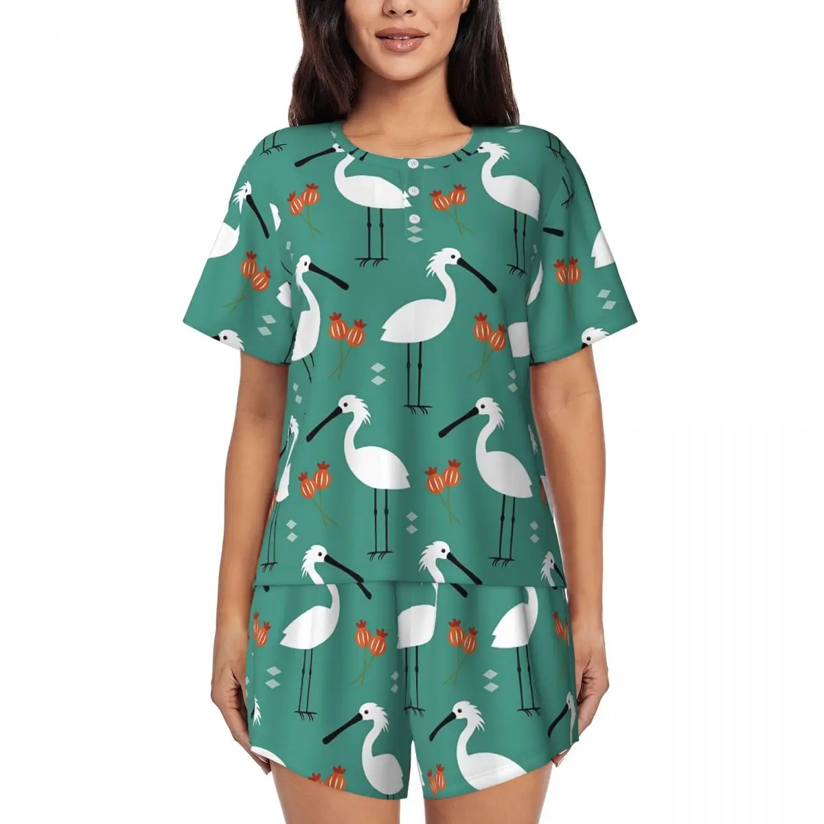 

Ночные рубашки с коротким рукавом и круглым вырезом с принтом Spoonbills On Blue, женский свободный пижамный комплект с короткими штанами