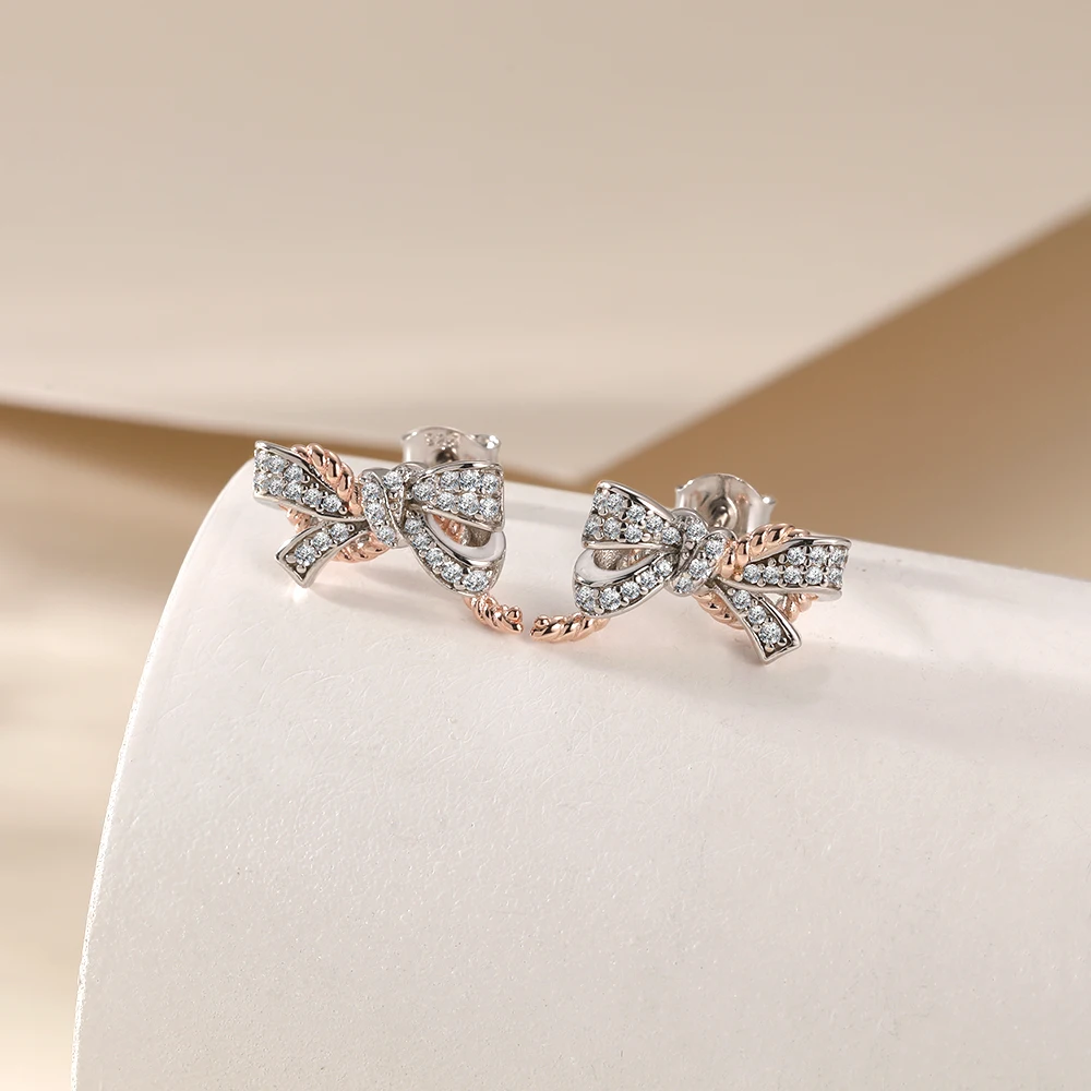 

18K Rose Gold Plated 925 Sterling Silver Bow Knot Stud Earrings Trendy Wedding Gift Design with Diamond and Zircon