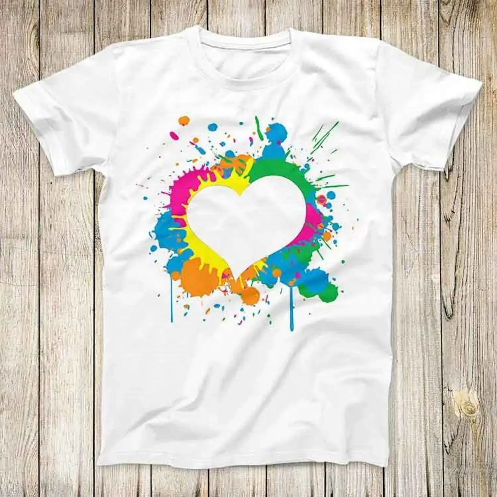 Unique Love Heart Multi Color Paint Splash Splatter Top T Shirt Best Cute Retro Style 3188 vintage Washed Top For Everyday Wear