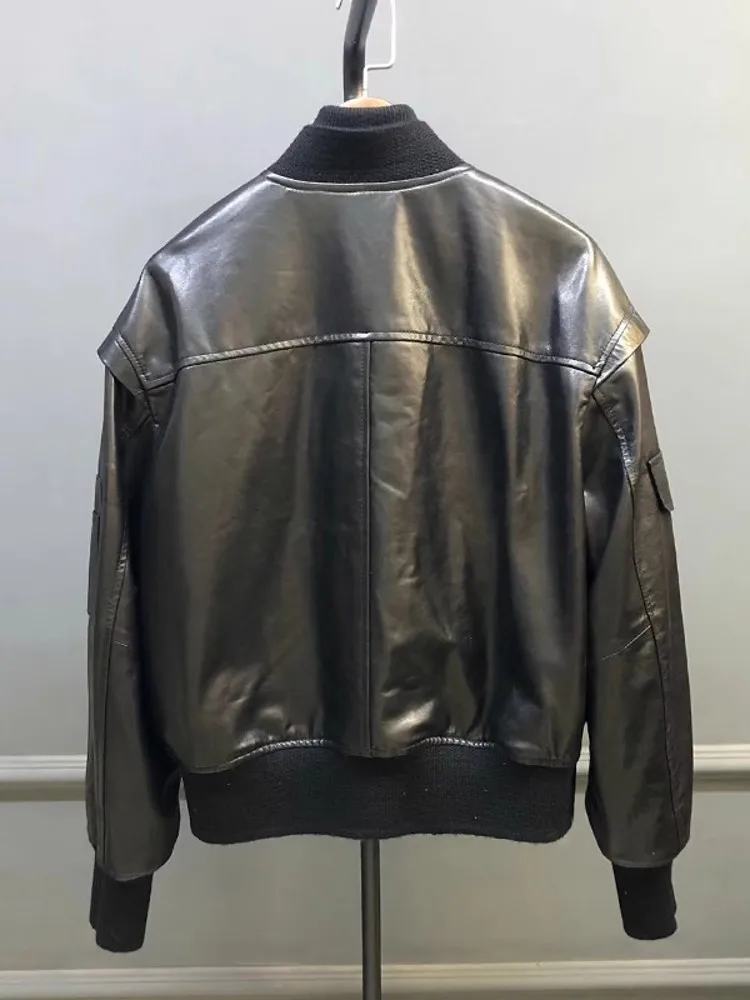 Herbst Neue Frauen Winddicht Motor Biker Echt Schaffell Jacke Stehkragen Lose Fit Zipper Bomber Mantel Echtes Leder Jacke