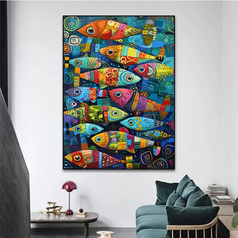 Abstract Colorful Fish in The Sea Canvas Posters and Prints Painting Vintage Home Kitchen Wall Art Decor Mural No Frame