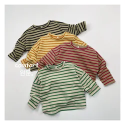 Korean Autumn Kids Boys Shirts Cotton Long Sleeve Striped Versatile Toddler Boys Tops Bottom Base Children Boys Pullovers