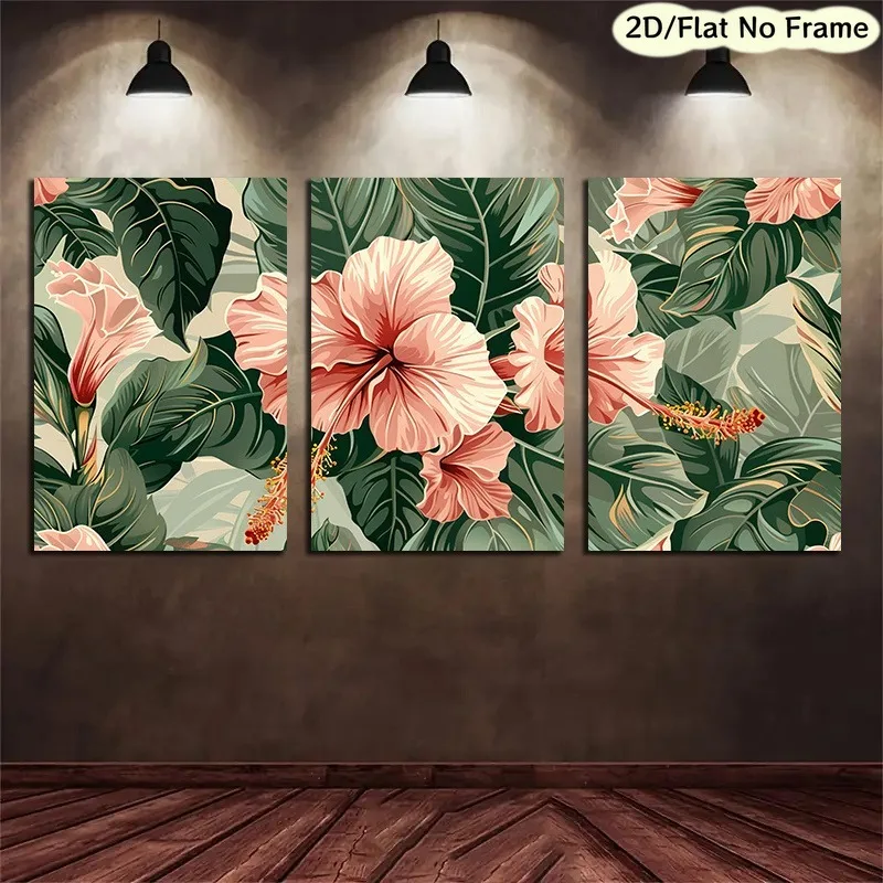 (No frame)2D Flat, 2D Flat, 2D/FLAT Frameless, 3pcs Set with Tropical Plants And Flowers Theme, Pinkish-Green Tones, Aestheti