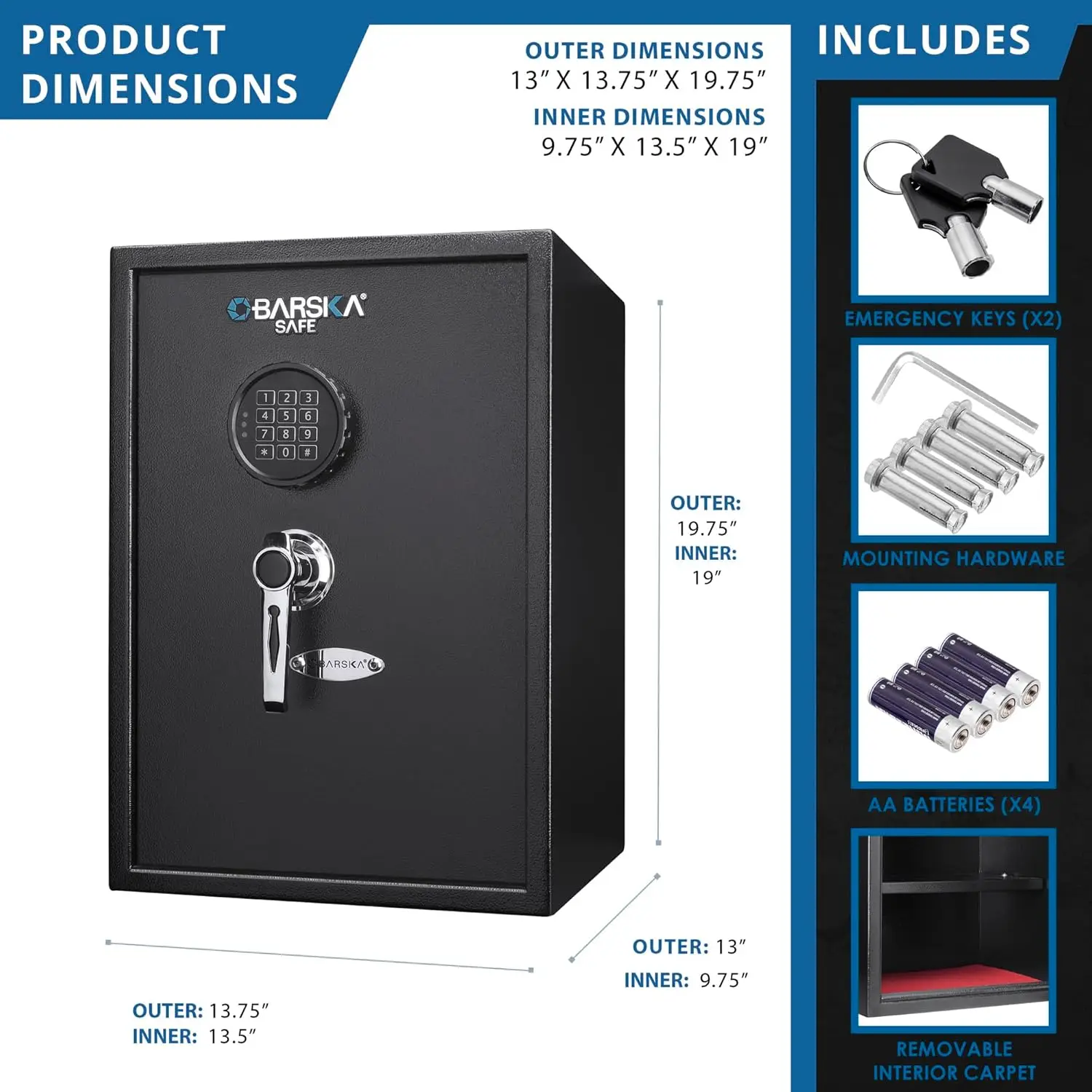1.45 Cu Ft Large Digital Keypad Safe – Solid Steel with 3 Deadbolts, Removable Shelves, Anti-Pry Door Hinges, Mountable Home & O