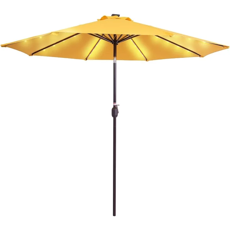 

9FT 32 LED Lighted Patio Umbrella with Solar Powered, Table Market Umbrella with Crank & Push Button Tilt for Ga