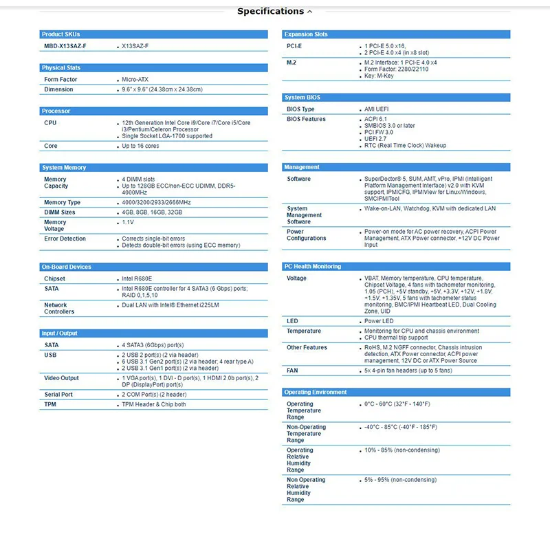 X13SAZ-F For Supermicro Single-Channel Industrial Control Motherboard Supports 12th Generation Core DDR5 Memory IPMI DVI HDMI DP