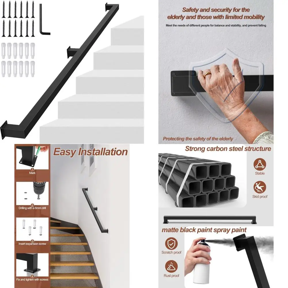 درابزين درج داخلي معدني صناعي، أنبوب مربع أسود غير لامع، سعة تحميل 500 رطل، حاجز أمان مثبت على الحائط #1