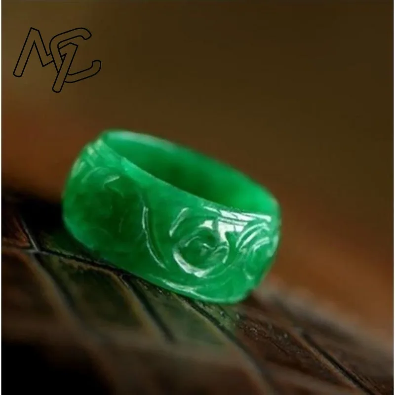 Natural Green Jade Money Carving Ring 18-19mm Fingerstall Jadeite Fashion Charm Jewelry Hand Carved Crafts Luck Gifts Women Men