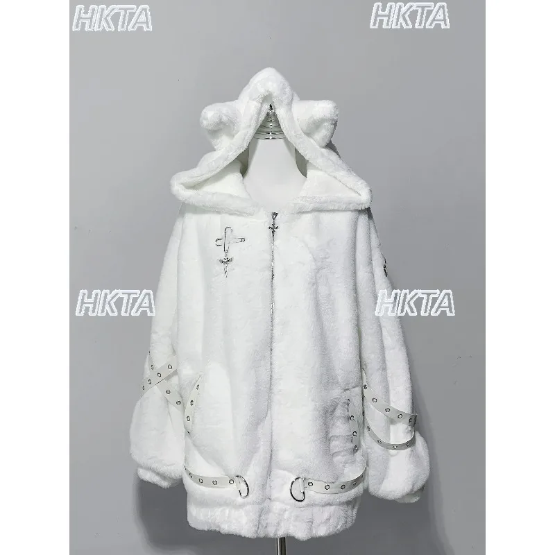 

Японская массовая производительность, темная бархатная куртка с капюшоном Y2k, парки с героями мультфильмов, зимние милые теплые свободные меховые пальто для женщин