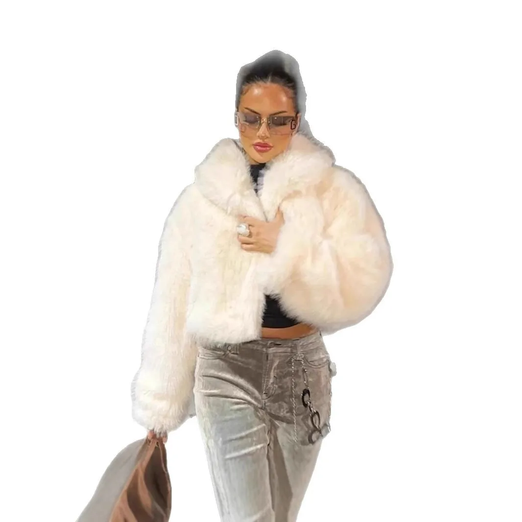 Abrigo cálido de piel de zorro sintética para mujer, abrigos cortos lisos de manga larga con solapa, chaqueta para mujer, ropa de calle elegante, cárdigan peludo para Otoño e Invierno