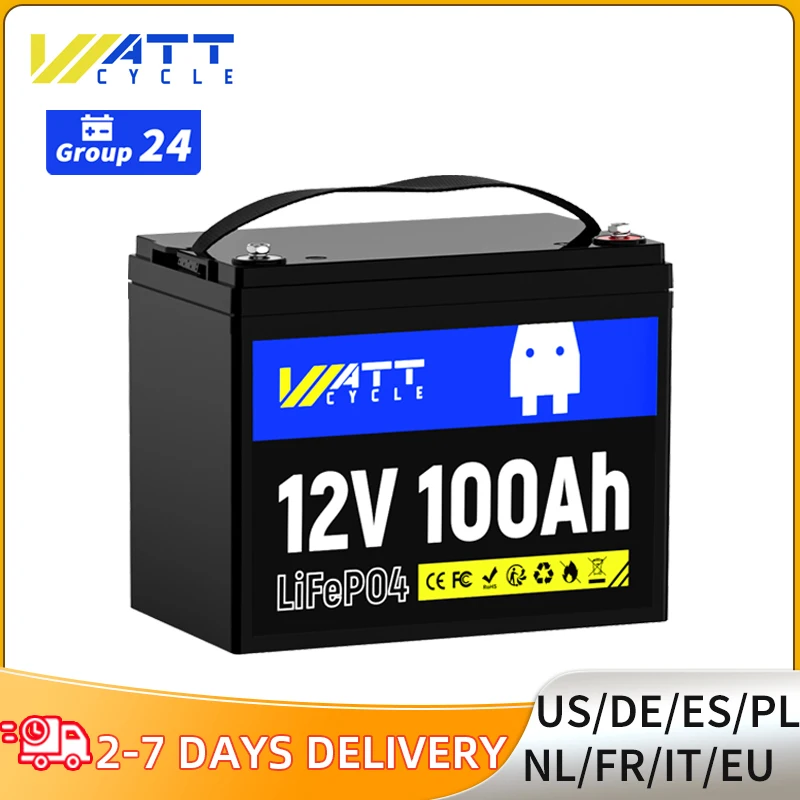 Wattcycle LiFePO4 Battery 12V 100Ah Group 24 Built-in 100A BMS Rechargeable Lithium Iron Phosphate Battery Packs For RV, etc