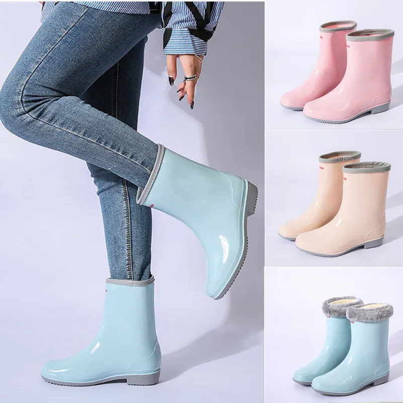 Mid-calf Rain Boots Women Platform Rubber Shoe Fashion Outdoor Slip on Rain Shoes Boots for Women Waterproof Work Botines Mujer