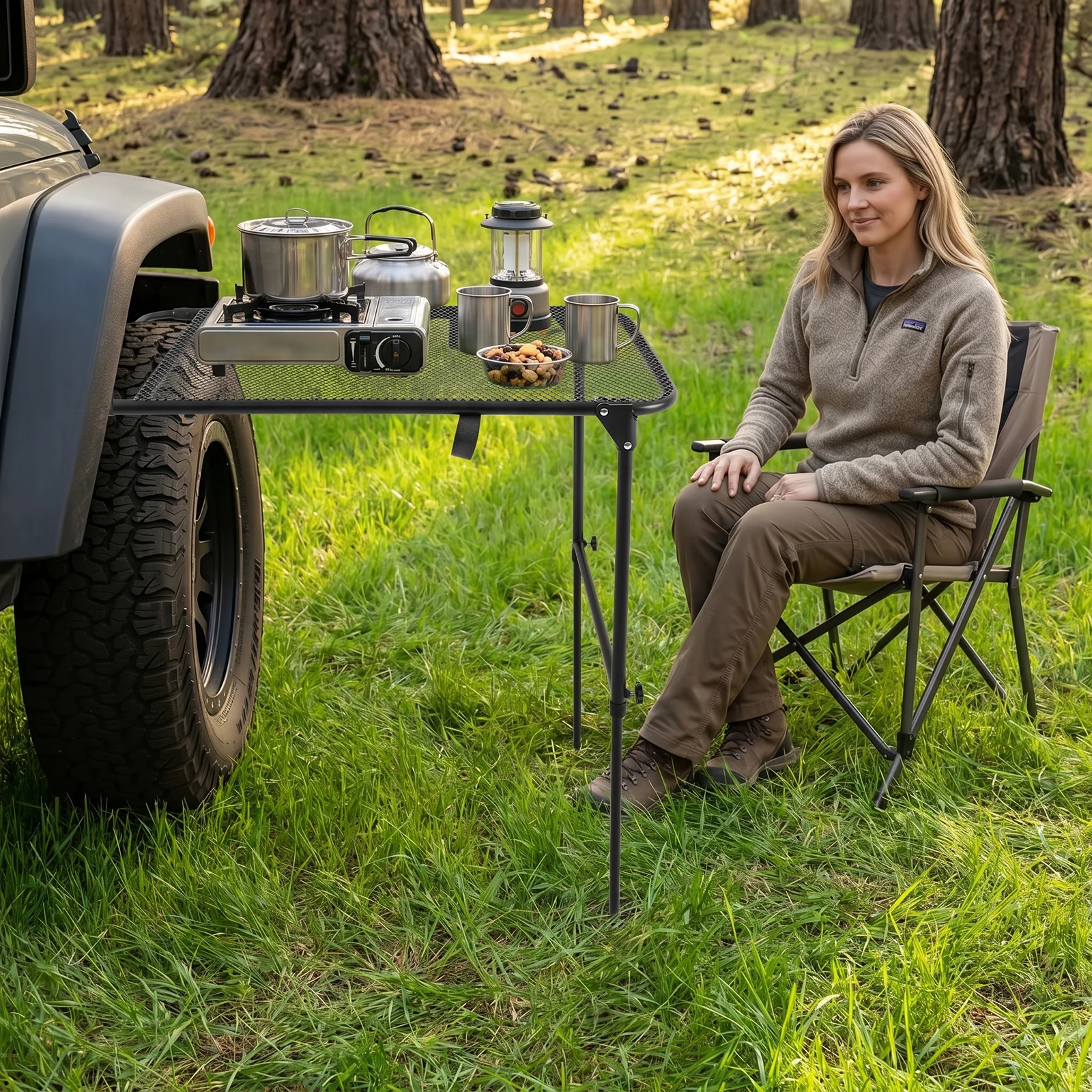 Tire Mounted Camping Table 66lbs, Adjustable 26-40in Length 15-32in Height, Foldable Vehicle Camp Table for SUV Overlanding