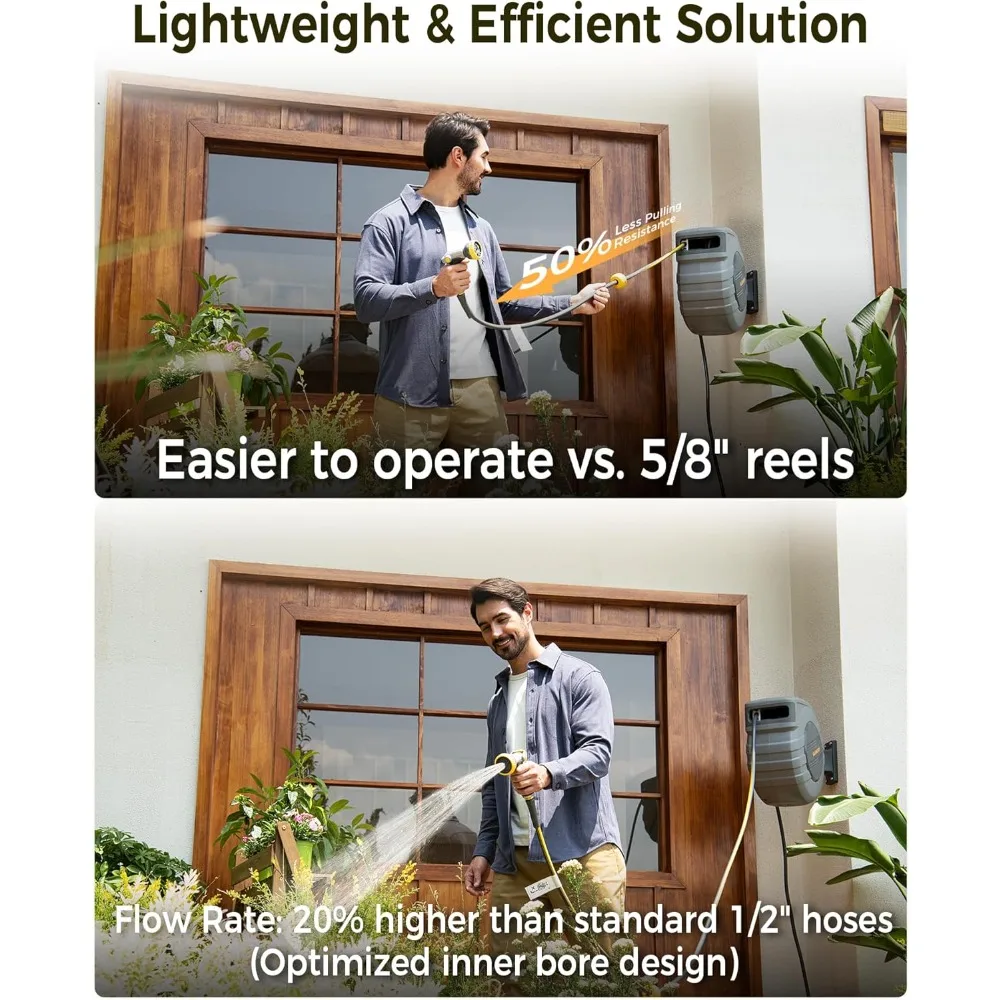 Carretel retrátil de mangueira de jardim, 1/2 pol. x 130 pés, 255, trava de catraca atualizada, proteção contra UV e congelamento, vedação de latão, retração lenta